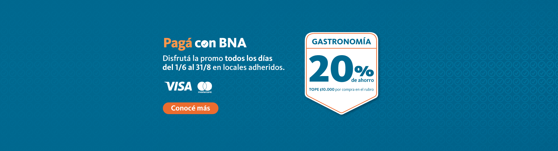 Pagá con BNA, disfrutá la promo todos los días del primero de junio al treinta y uno de de agosto. Tenés 25 porciento en gastronomía hacé clic acá para conocer más.